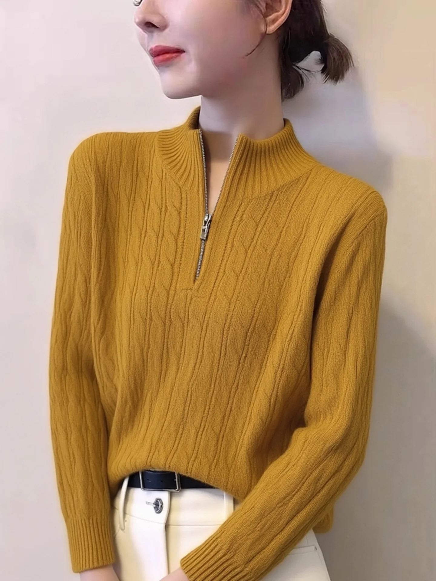 เสื้อไหมพรมถักแบบมีซิป แขนยาว สีสันหลากหลาย สไตล์เกาหลี ทรงตรง เหมาะสำหรับใส่ไปทำงาน