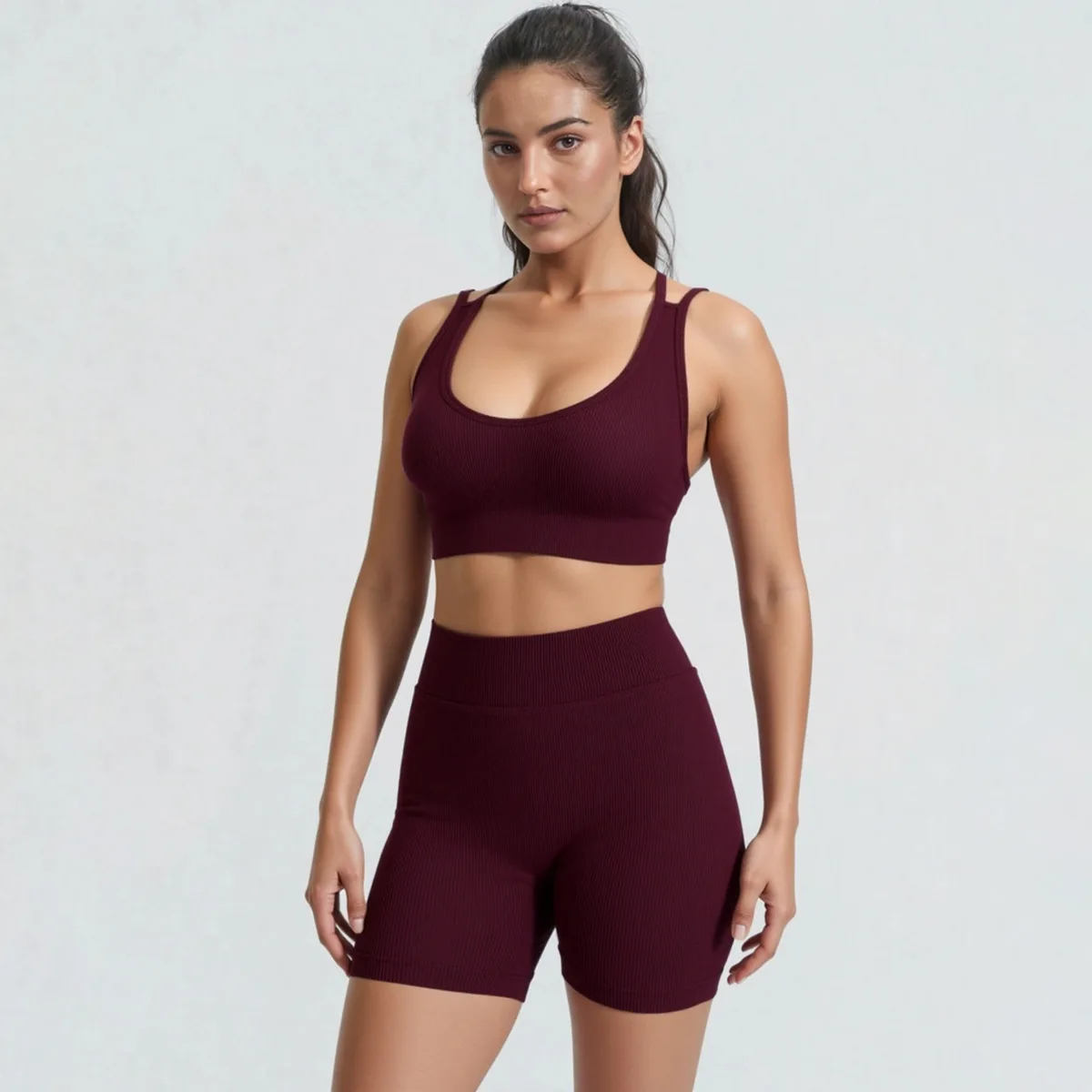 Women's Tummy Control Yoga Set Open Back Sports Bra with Low Ribbed Waist And Scrunch Butt Shorts Beautiful Back And Shoulder De