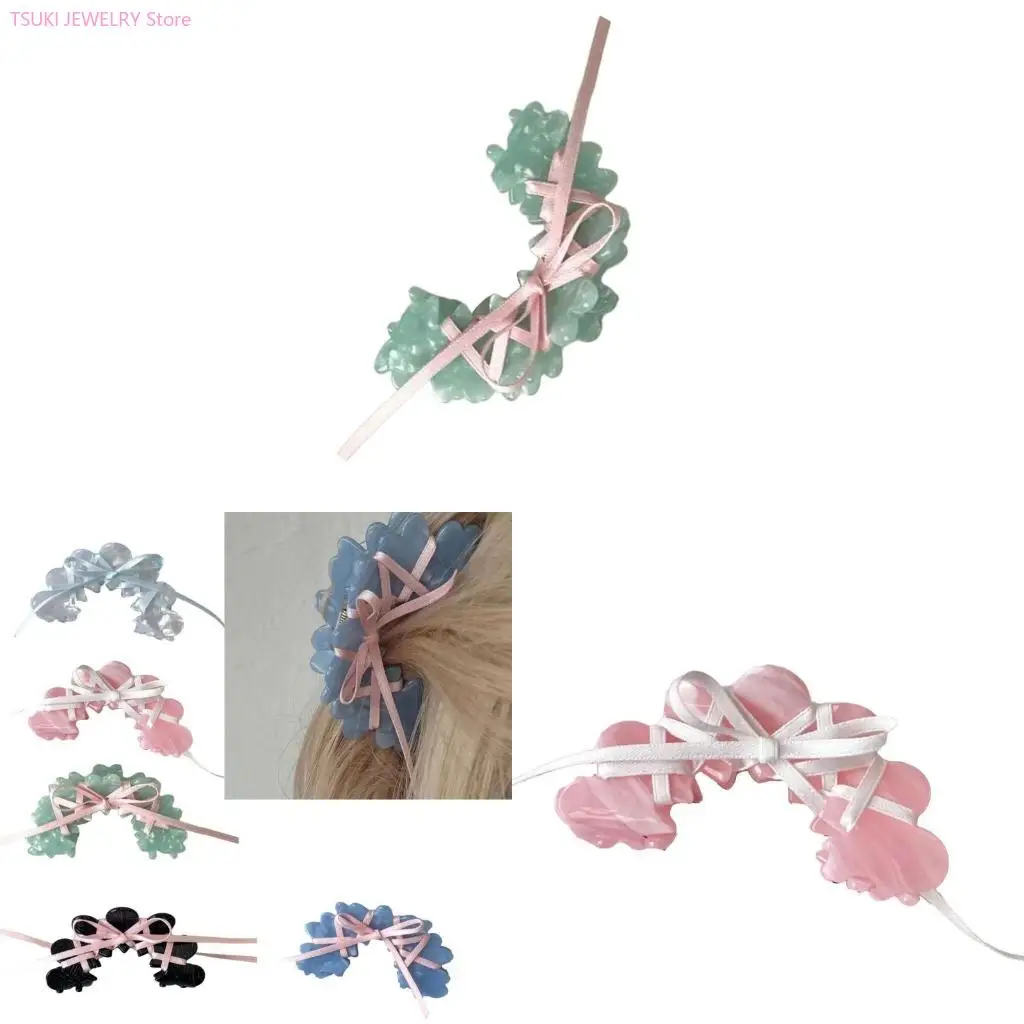 

62KE Acrylic Hair Claw Ribbon Tie Bowknot Acetate Claw Clips Elegant Women Headwear
