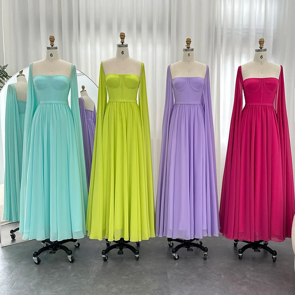 Ksdn Fashion Candy Color Prom Dress Elegante Vierkant Kraag Vloerlengte Feestjurken Met Cape Mouwen Prachtige Avondjurk