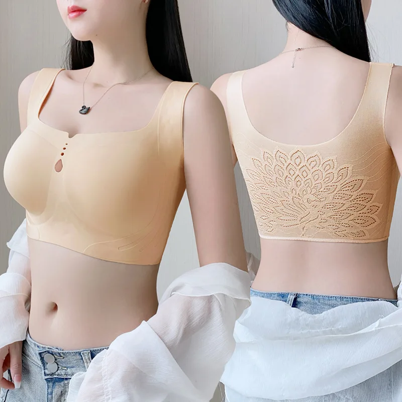 Women's Bras New Thin Wireless Seamless A Peacock Is Hollowed Out  Female Underwears Plus Size 6XL Push Up Breathable Brassiere