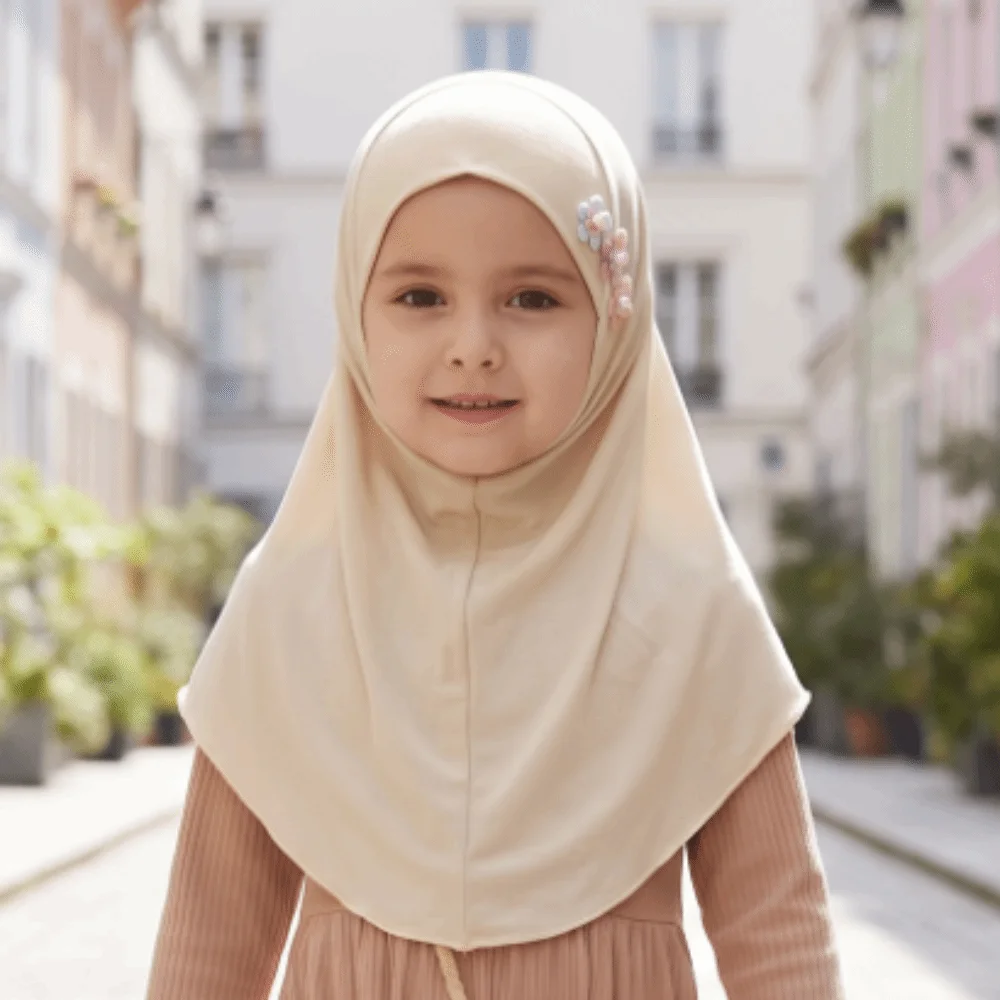 Soft Little Girls Pull-On Hijab with Floral Ornament Stretch Crystal Linen Headscarf Breathable Non-slip Head Cover 2-6 Years