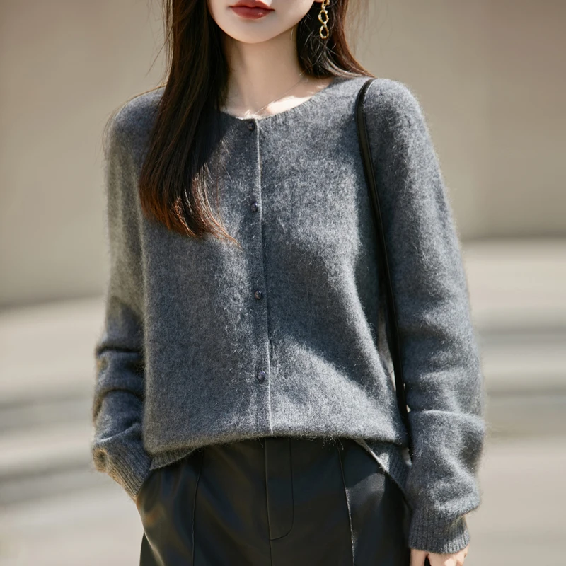 

Осень-зима, кардиган на пуговицах с круглым вырезом, 100% мериносовая шерсть, элегантный женский свитер, женский простой мягкий повседневный кашемировый трикотаж