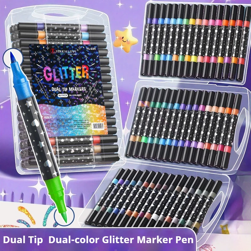

12-48 Pcs Dual Tip Glitter Acrylic Markers 24/48/96 Colors Fine-tip Metallic Art Markers Paint Pens Set for Rock Painting Stone
