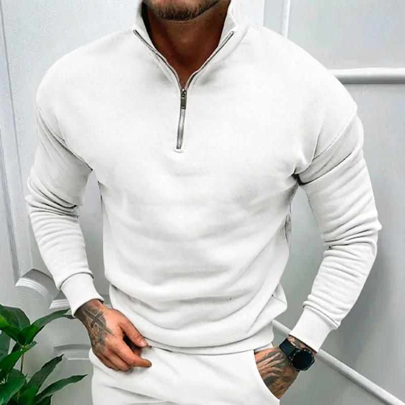 Men's Clothing Fall and Winter Casual Padded Shirts Solid Color Long Sleeve Zipper POLO Stand-up Collar Top New Men's Polo