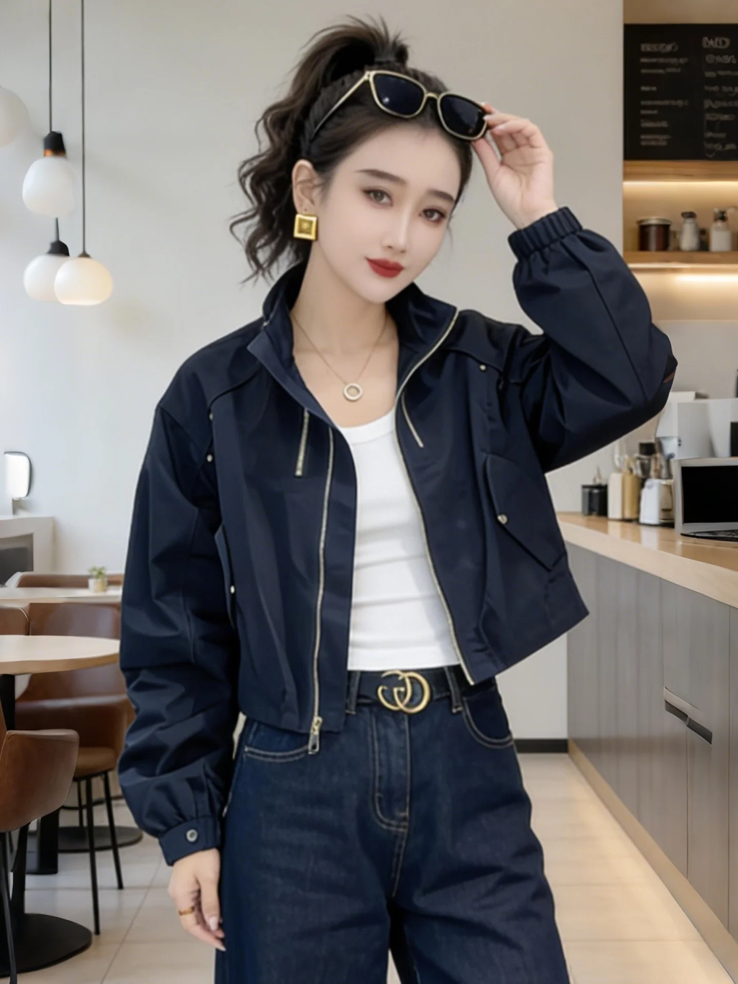 

Spring Short Jacket Women's Unique Stand Collar Slimming Outerwear Commute Style Long Sleeve Breathable Casual Top