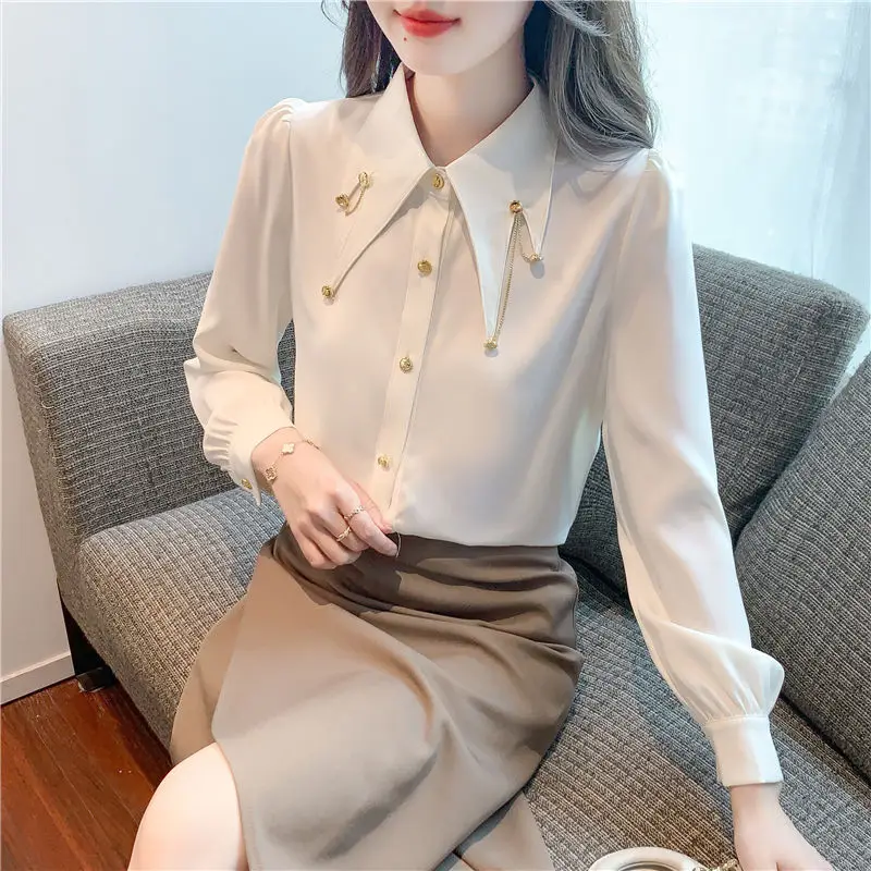 Spring Autumn Fashion Women's Clothing Interior Lapping Office Lady Long Sleeve Shirts Ladies Temperament Tops Solid Blouses