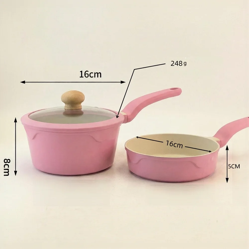 

3 Piece Aluminum Alloy Frying Pan And Milk Pot Set With Lid For Kitchen Cooking Nonstick Cookware Pink Yellow