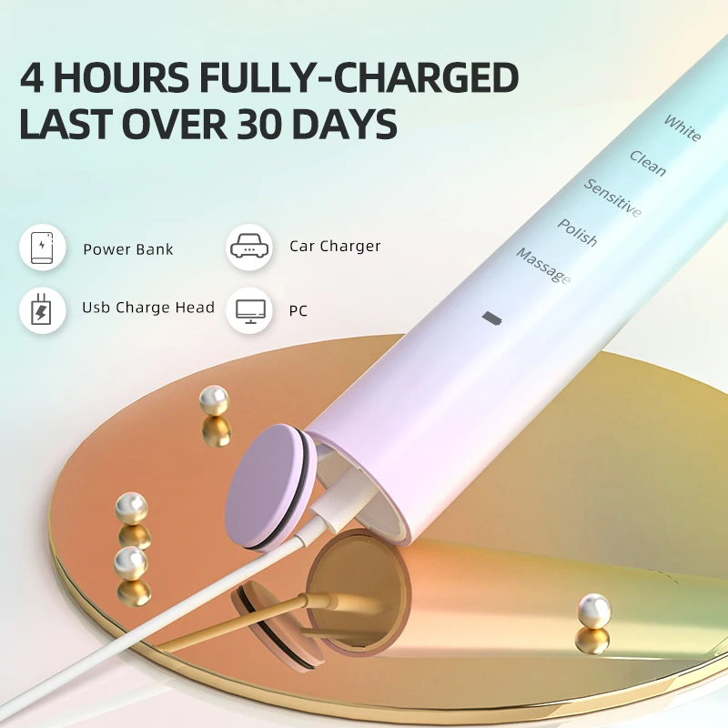 Seago Sonic Electric Toothbrush 5 Modes Waterproof Fasth Head Adult Brush USB Charging Couple Gift Unique Colorful Design