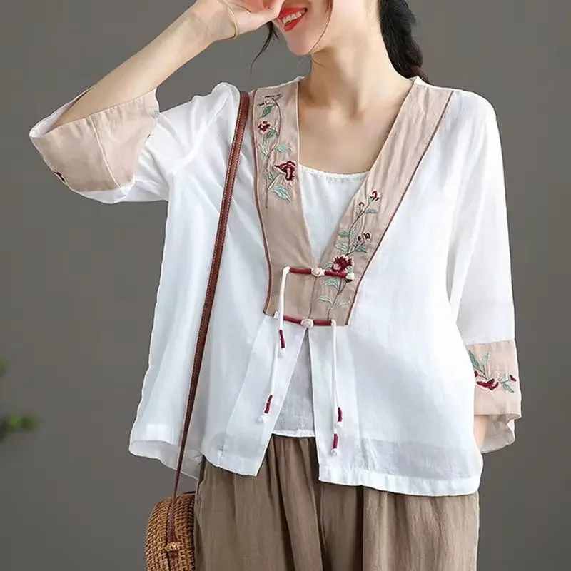 New 2022 cotton linen vintage cheongsam blouse traditional chinese tea clothing flower embroidery women hanfu oriental tang suit