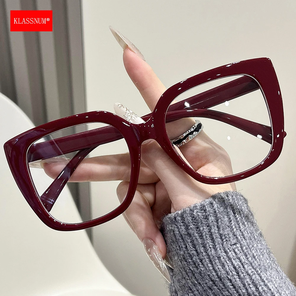 KLASSNUM Large Thick Frame Square Transparent Glasses Women Anti Blue Light Decorative Eyepiece Oversized Cat Eye Computer Lens