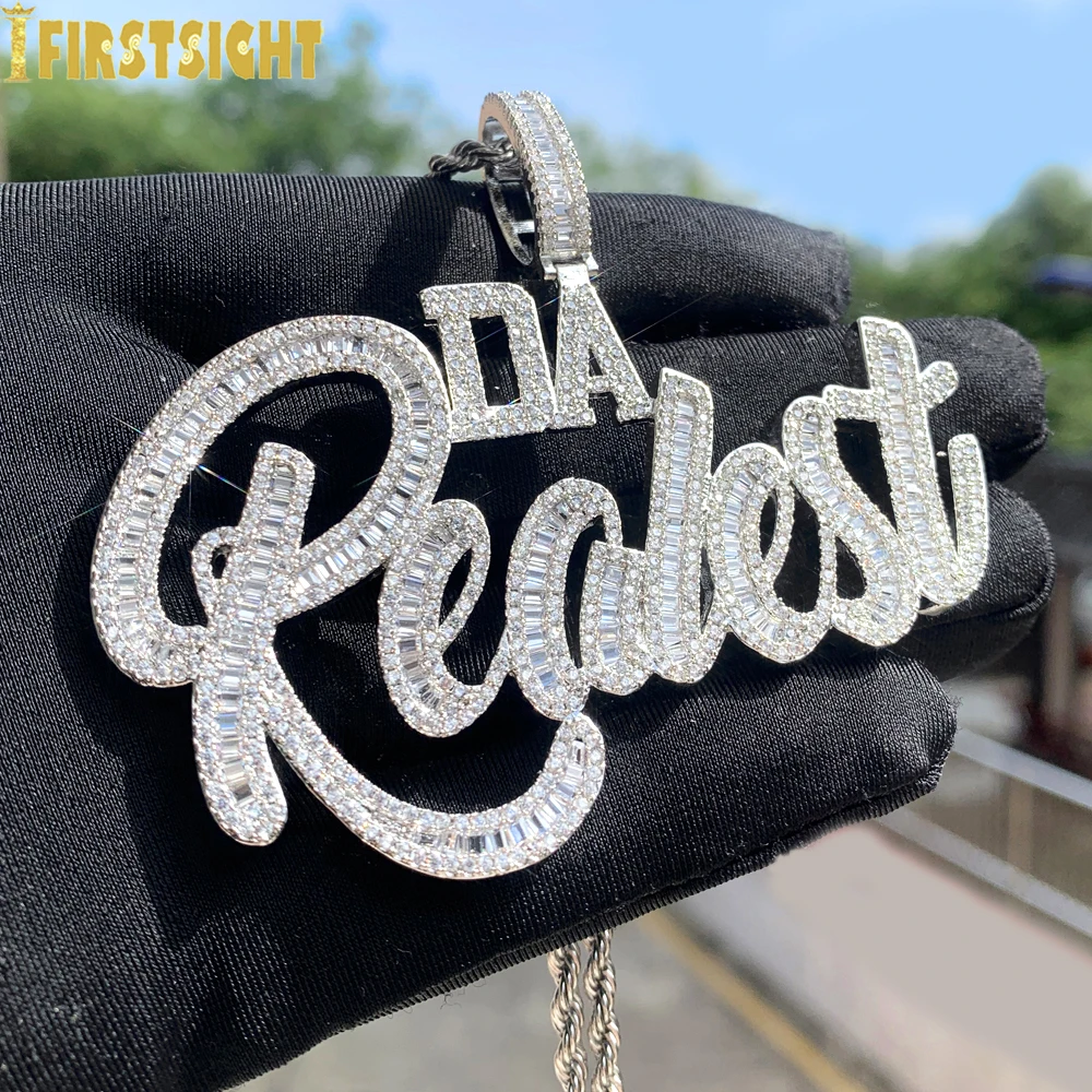 New Da Realest Pendant Necklace Iced Out Bling CZ Cubic Zirconia Cursive Letters Charm Men Women Hip Hop Fashion Jewelry