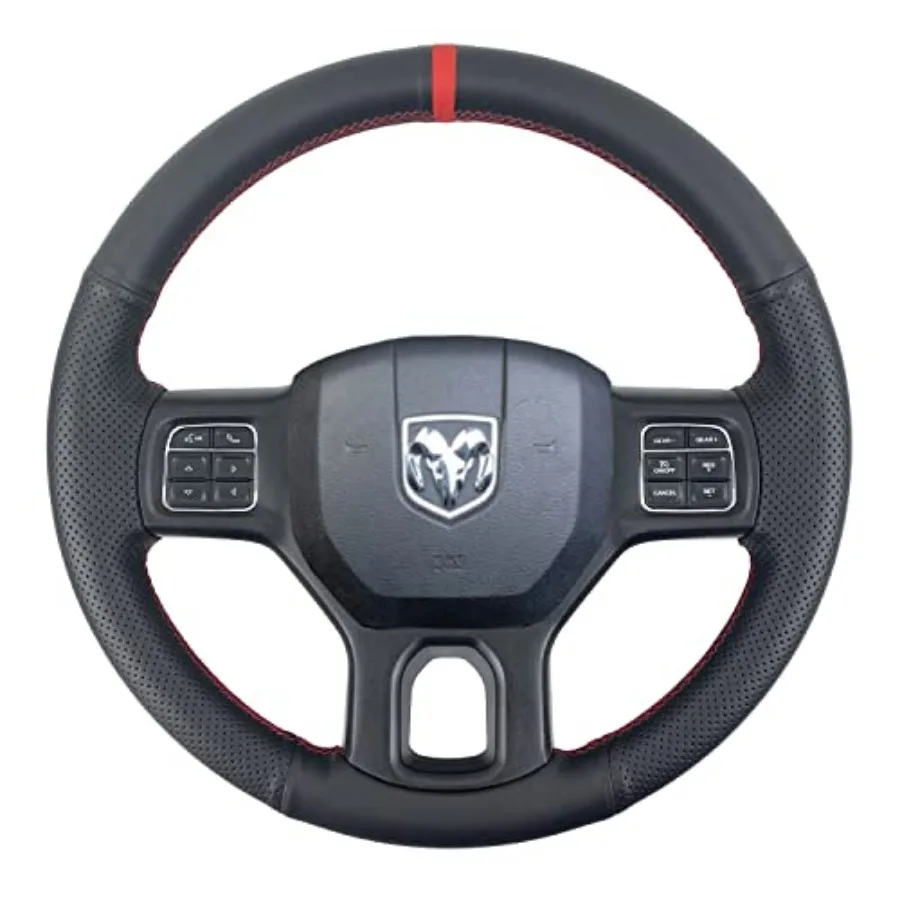 Black Side Perforated Leather er Steering Wheel Protector Cover Hand-Stitch on Wrap Fit for Dodge Ram Heavy Duty 1500/2500/3500