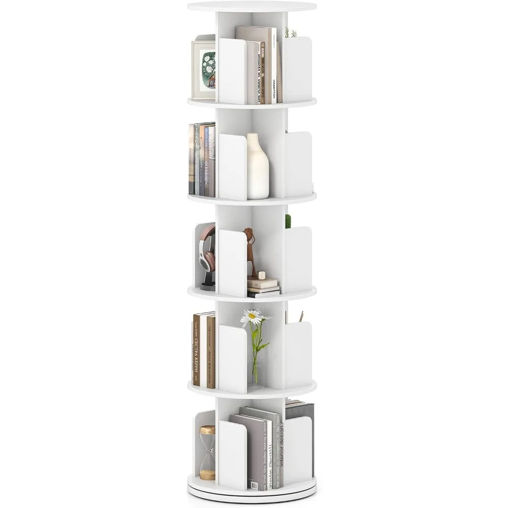 

5-Tier Rotating Bookcase with Dividers and Anti-Tilt Features for Multifunctional Display