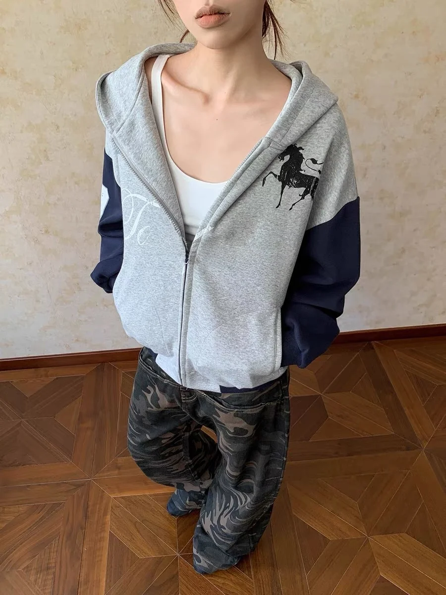 American Sle Color Blo Letter Print Hooded Open Cardigan Sweatirt ex Autumn Winter Versatile Loose Outerwear