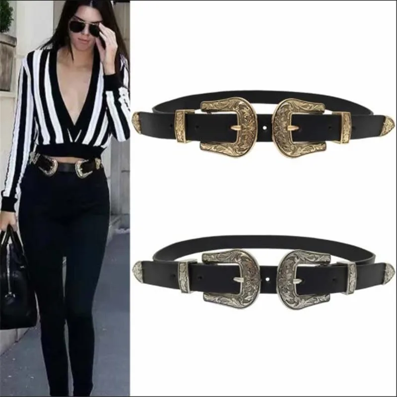 New Women Ladies Double Buckle Leather Belt Fashion Vintage Carved Double Buckle Cowhide Belt Gold and Silver Buckle Casual Belt