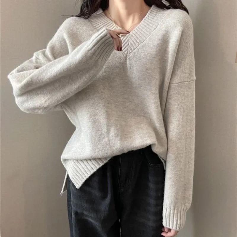 Women Spring Autumn Casual Loose Pullover Warm All-Match Tops Chic Streetwear Jumpers Vintage Solid Color V-Neck Knitted Sweater