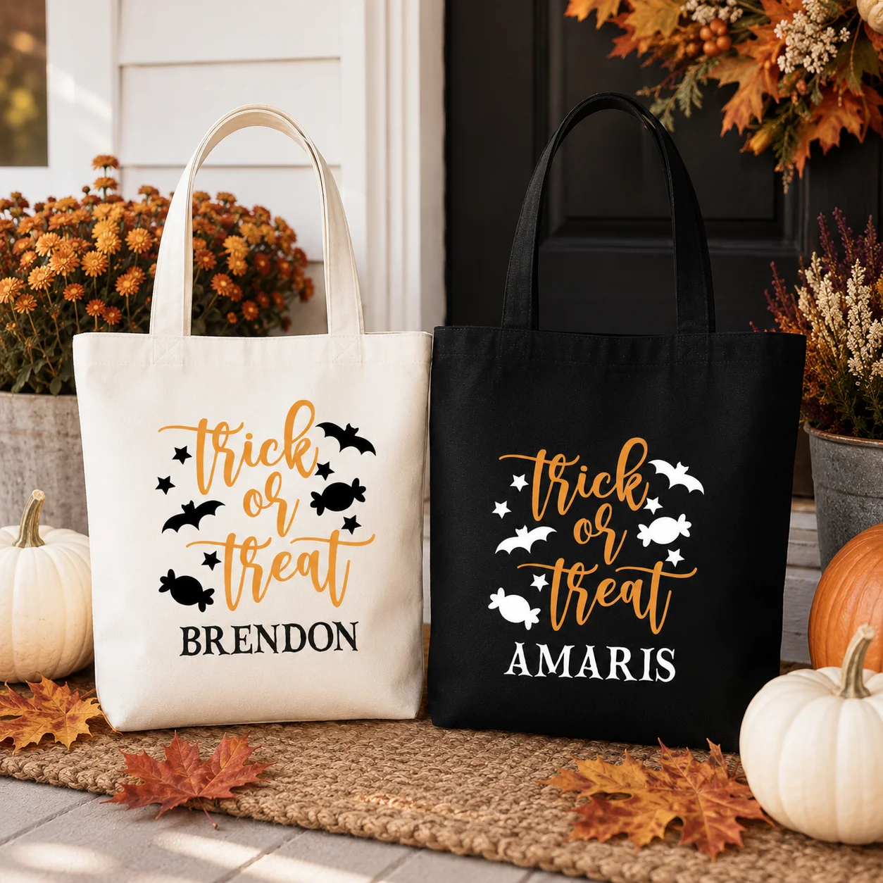 Personalized Trick Or Treat Halloween Tote Bag Custom Name Candy Bag Bat Print Canvas Shoulder Bag Kids Halloween Party Gift
