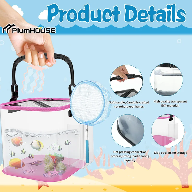 1Pcs Catch And Release Plastic Beach Aquarium With Side Pockets ,Upgraded Side Pockets Design