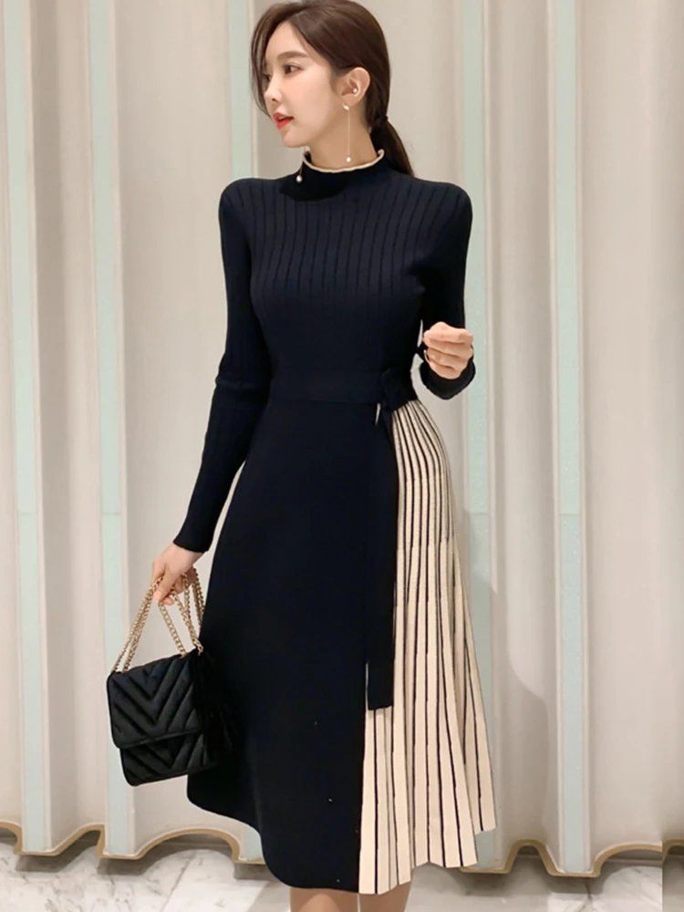 Autumn Winter Elegant Women Midi Dress Lady Vintage Casual Chic Knitted Black Stretchy Belt Pleated Street Robe Femme Vestidos