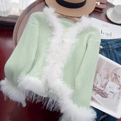 Women's Green Winter Sweater V-Neck Long Sleeve Embroidery Y2K Top Retro Academy Fashion Japanese Lace 90s Sweater 2024 Clothing