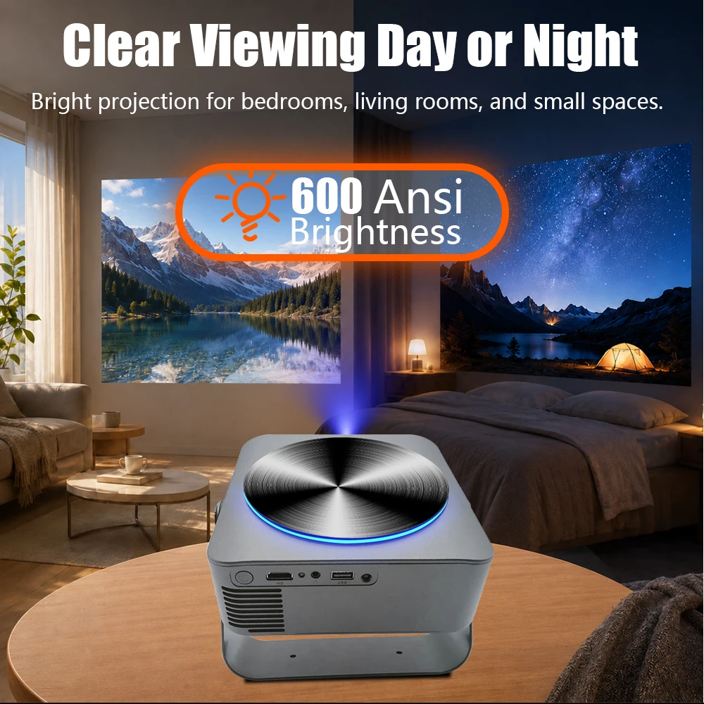 A50 Android TV Projector 600ANSI Native 1080P 4K WiFi6 Auto Keystone 360° Rotatable Home Theater Beamer