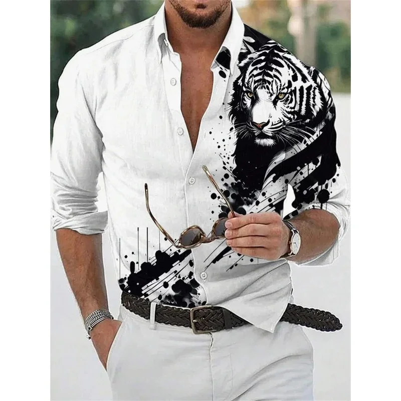 Men's pure color casual tiger 3D print long sleeve shirt, slim without ironing fashionable elastic fabric social essential