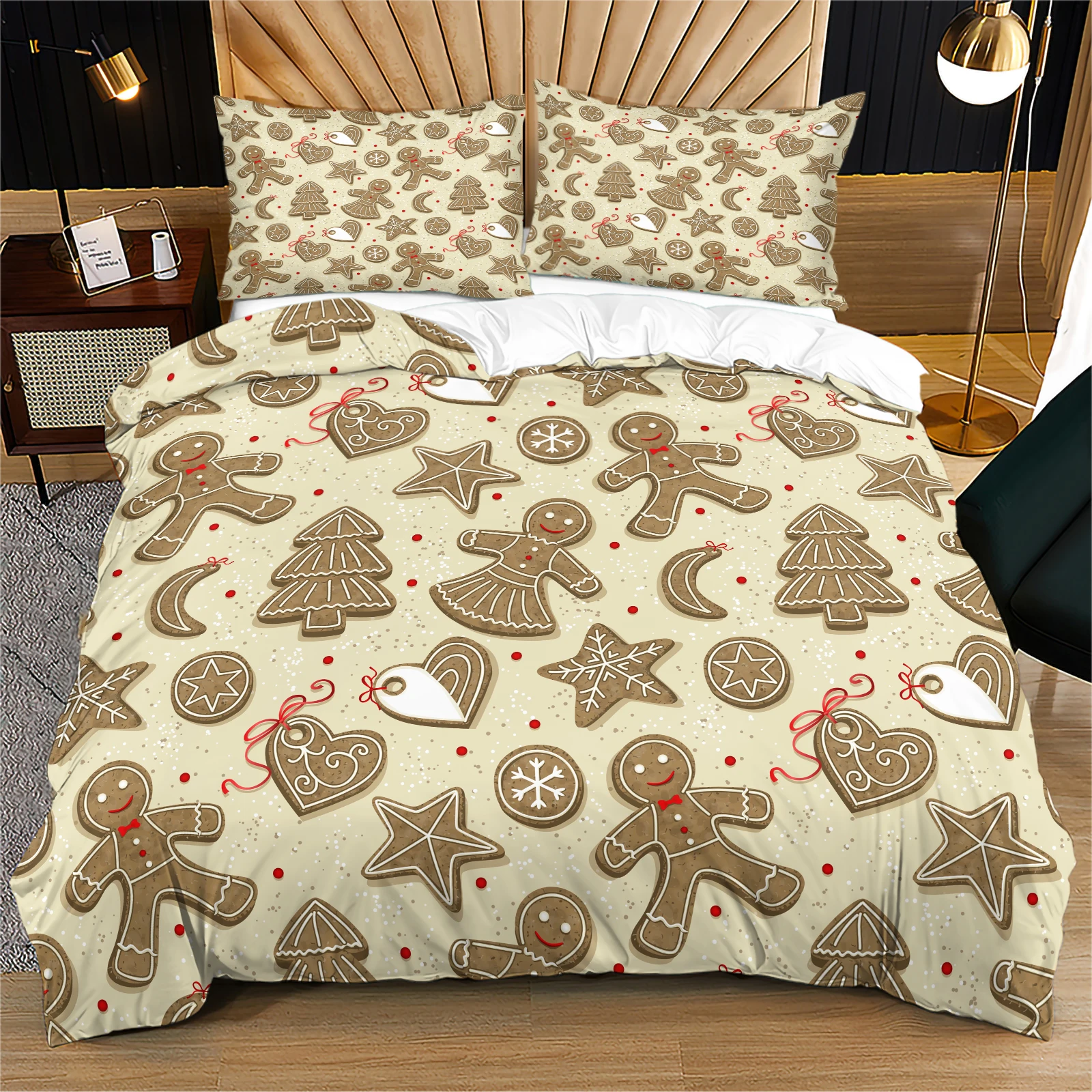 Cream Base Winter Gingerbread Bedding Duvet Cover Set Snowflake Tree Heart Cookie Pattern Warm Festive Holiday Bedroom Decor