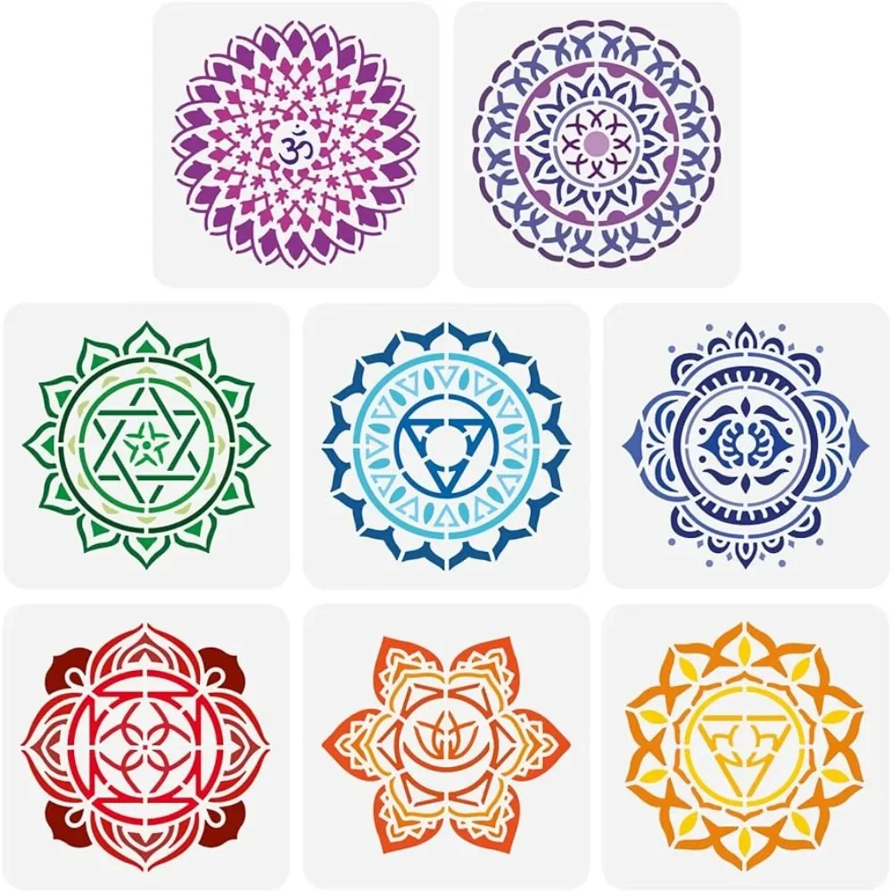 8PCS Chakra Symbol Stencil 5.9x5.9 inch Plastic PET Mandala Flower Stencil Reusable Yoga Meditation Floral Craft Stencil