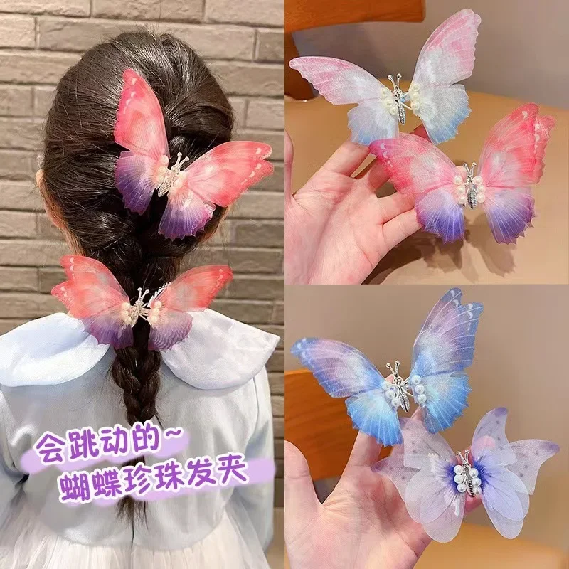 Children\'s Beautiful Gradient Butterfly Hair Clip and Moving Butterfly Wings Princess Hair Accessories Girl Hair Clip Gift