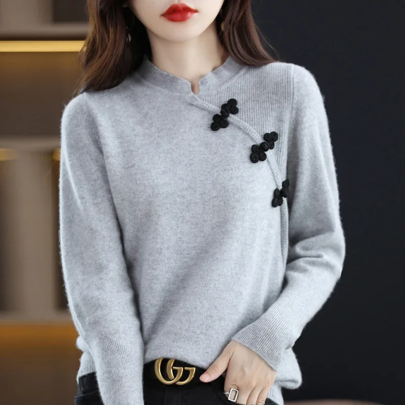 

Chinese style pure wool knitted buttoned sweater, women's retro stand up collar pullover, with knitted bottom inside