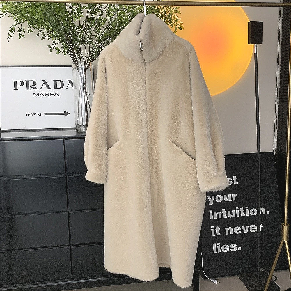 Women Faux Fur Coats Solid Jackets Mid Calf Lenth Long Sleeves Hooded Stand Neck Zipper Loose Elegant Casual 2026 Autumn Winter