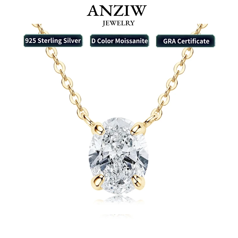 

Anziw Necklace Real 925 Sterling Silver Chain 2.0CT Oval Cut Moissanite Pendant Necklace for Women Gift GRA Certified Jewelry