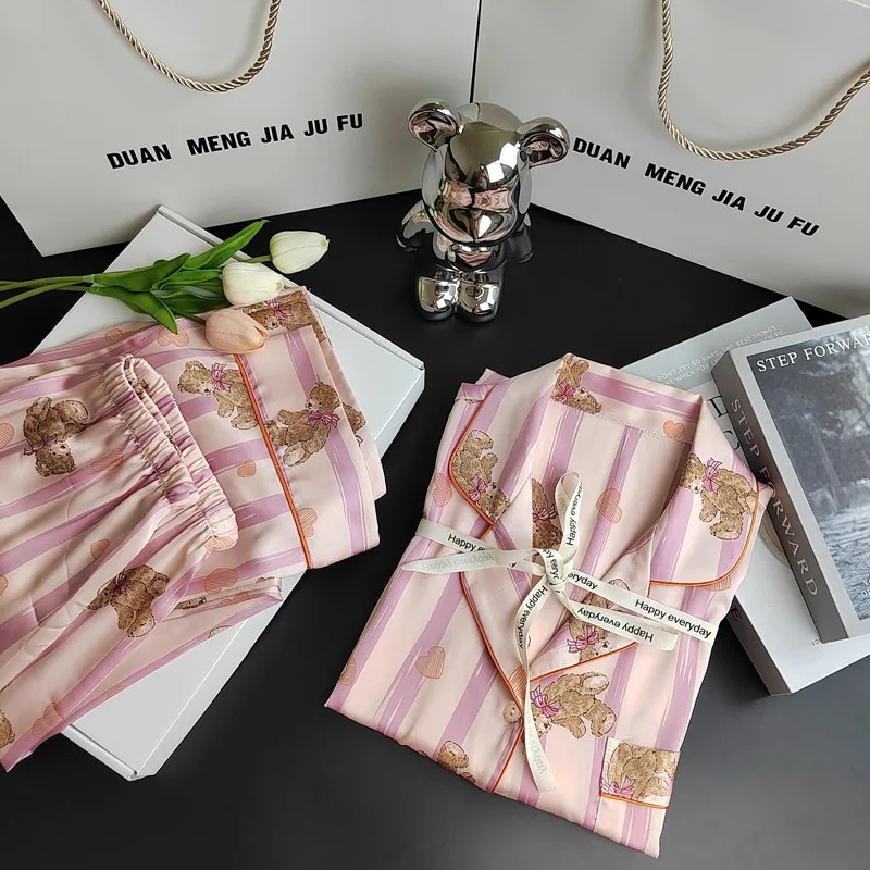 Fall and Winter Women Pajamas Cartoon Pink Striped Bear Pajamas Cardigans Long Sleeves Trousers Loungewear Two-Piece Set