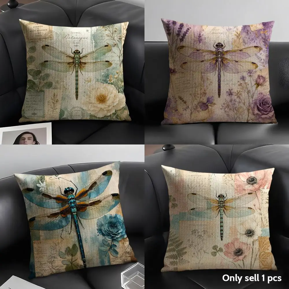 Dragonfly Art Cushion Cover Linen Organic Fabric Double-Sided Printing Sofa Breathable Home Decor Gift Pillow Case
