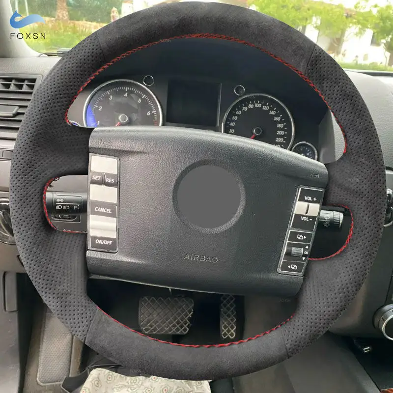 Car Inner Steering Wheel Protective Cover For VW Touareg Phaeton 2002-2010 (4-Spoke) Suede Leather Trim with Needles Lines Kits