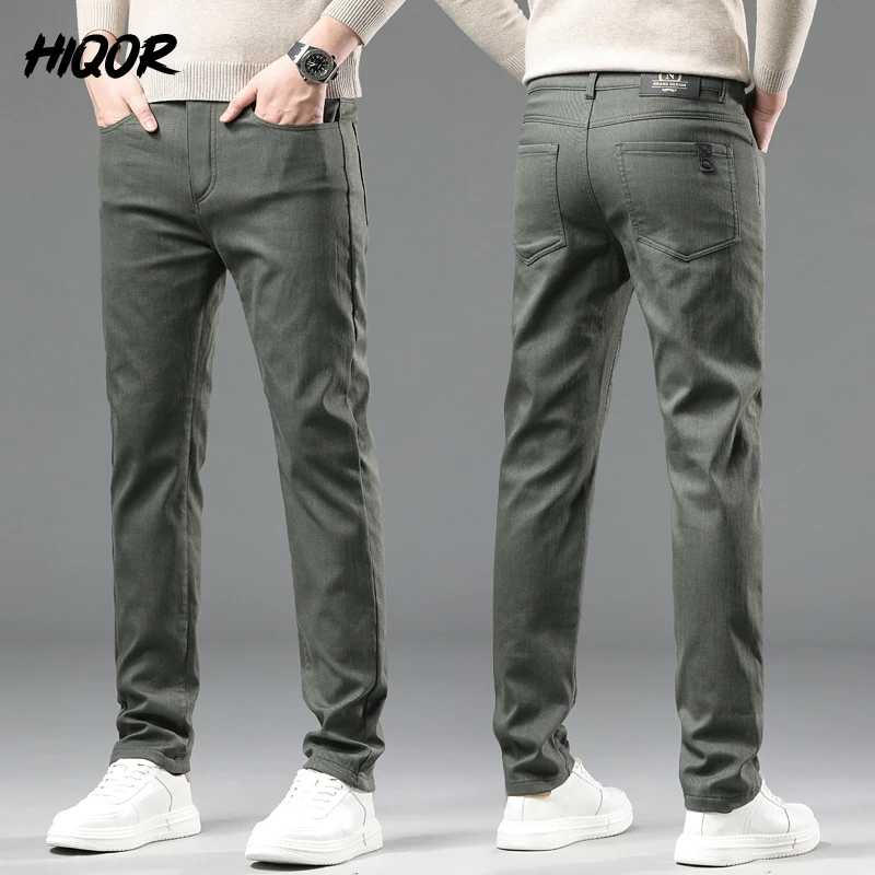 HIQOR Men\'s Fleece Straight Leg Casual Pants Winter Mens Business Work Pants Thick Cotton Army Green Trousers Male Suit Pants