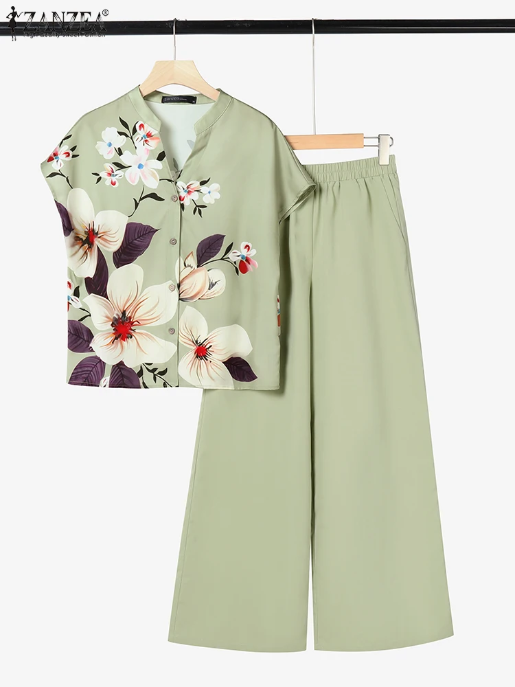 ZANZEA 2025 Baju Olahraga Cetak Musim Panas Set Cocok Wanita Blus Lengan Pendek Elegan Set Celana Kaki Lebar 2 Potong Pakaian Kasual