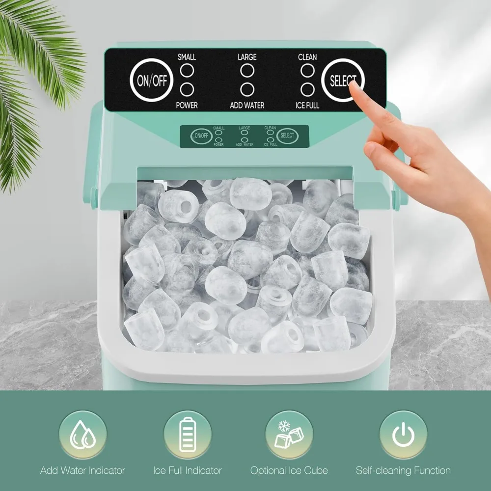 Countertop Ice Maker, 9 Cubes in 6 Mins, 26lbs in 24Hrs, Auto-Cleaning, with Handle, Basket and Scoop for Home (Green)