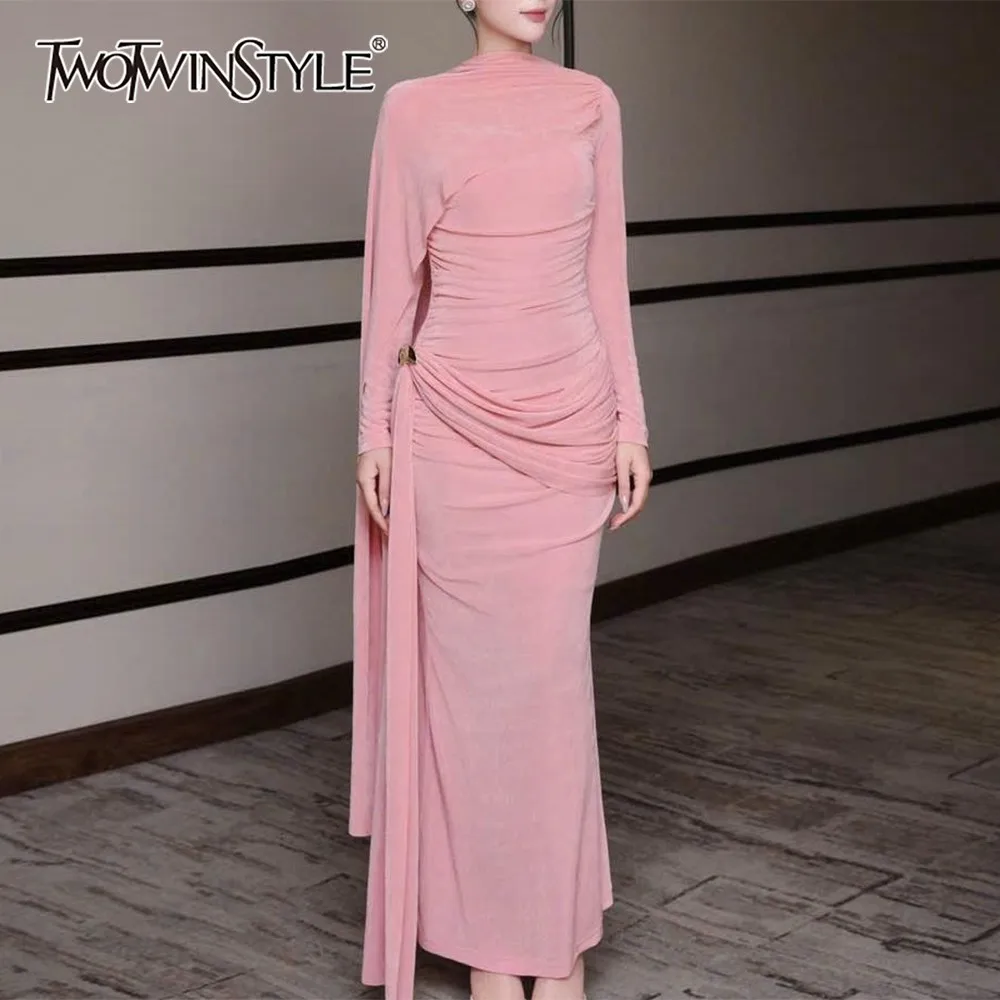 TWOTWINSTYLE Solid Spliced Shawl Dress Female O Neck Long Sleeve Loose Elegant Intellectual Women's Dresses Autumn Fashion New