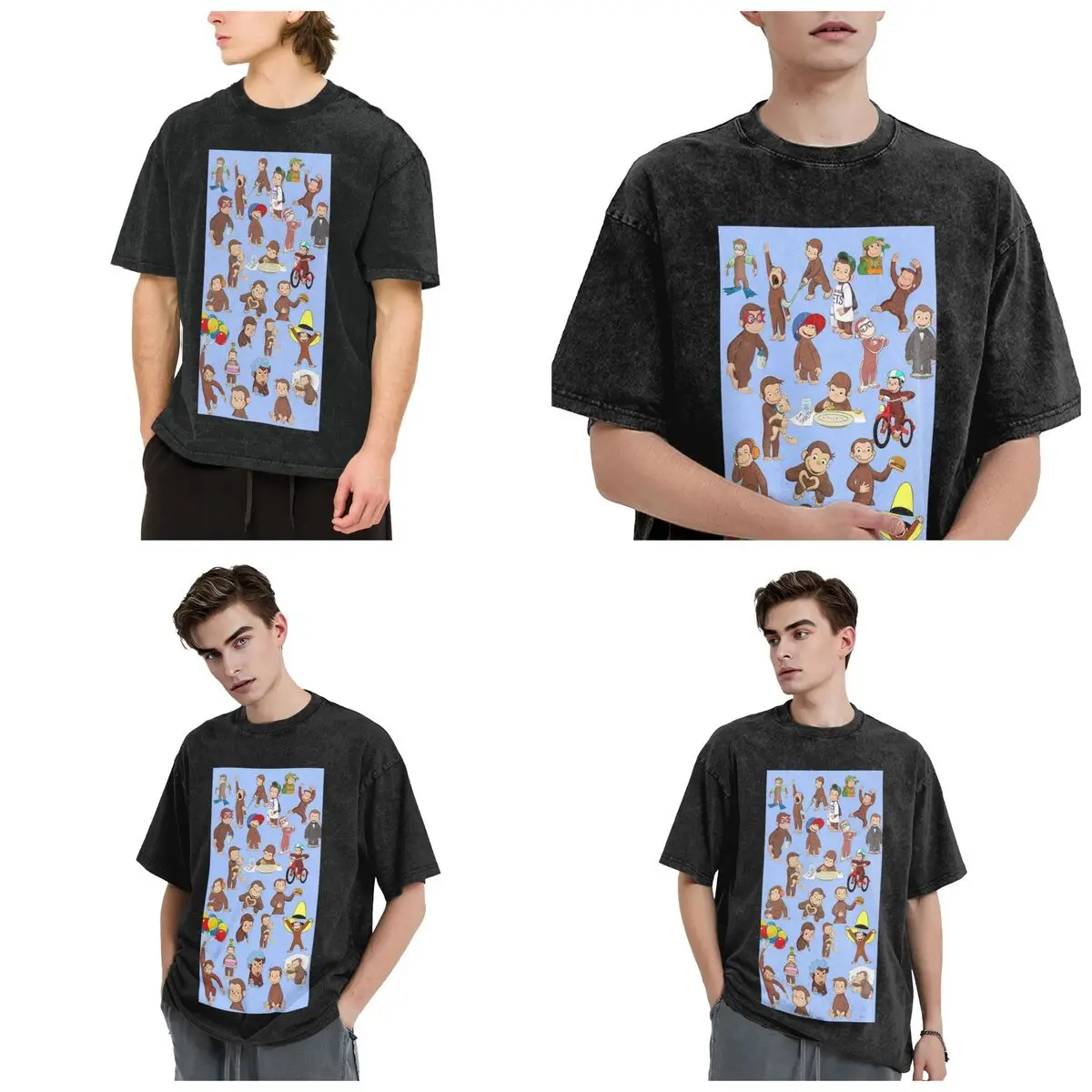 Anime Curious George Monkey Hip Hop Short Sleeve T-Shirts Washed Tops Tees Streetwear T Shirt Oversized for Men woman