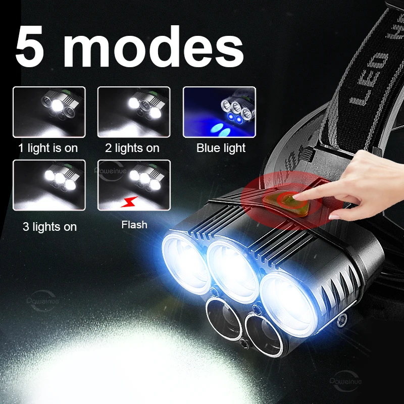 فانوس الرأس Led قابل لإعادة الشحن عالي الأداء 5 أوضاع المصباح 18650 بطارية مقاوم للماء الصيد كشافات الرأس في الهواء الطلق