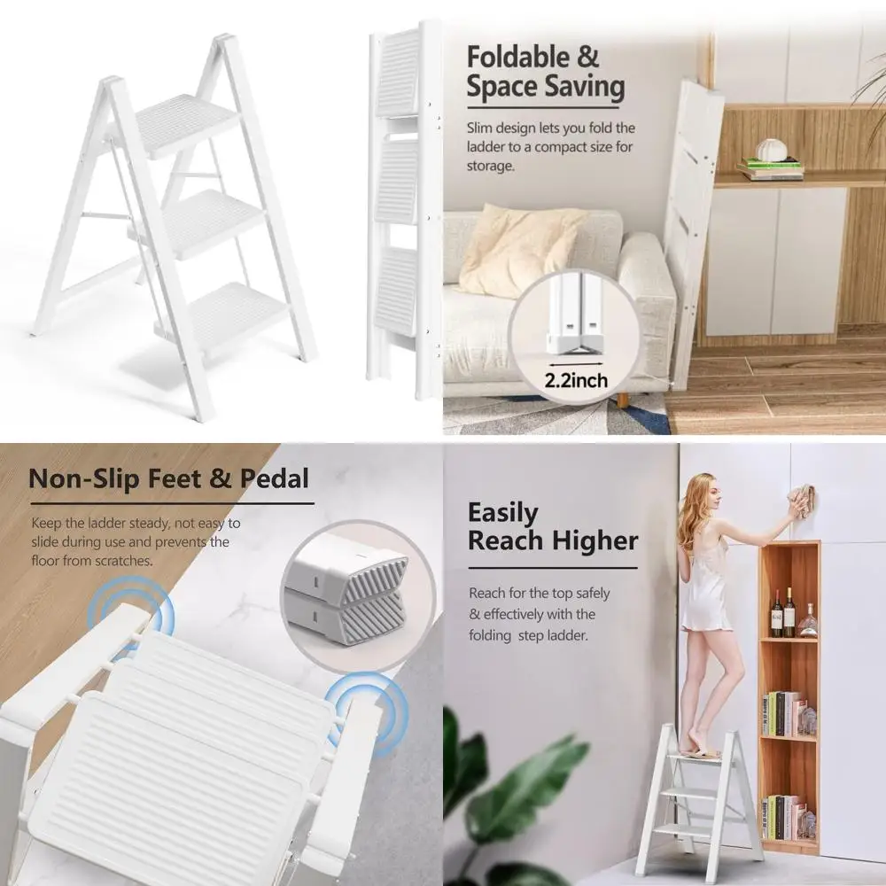 

Portable Folding 3-Step Ladder - Anti-Slip Iron Stool for Adults, Wide Pedals, Ideal for Home and Kitchen Use