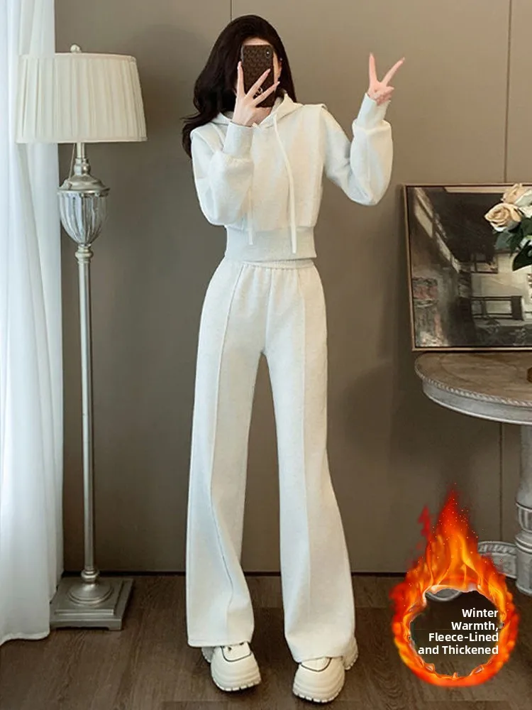 

Thiened Fce Casual Sportswear Set Women's Winter Sli Slimming Youthful ort Hoodie Wide Leg Pants Two Piece Set