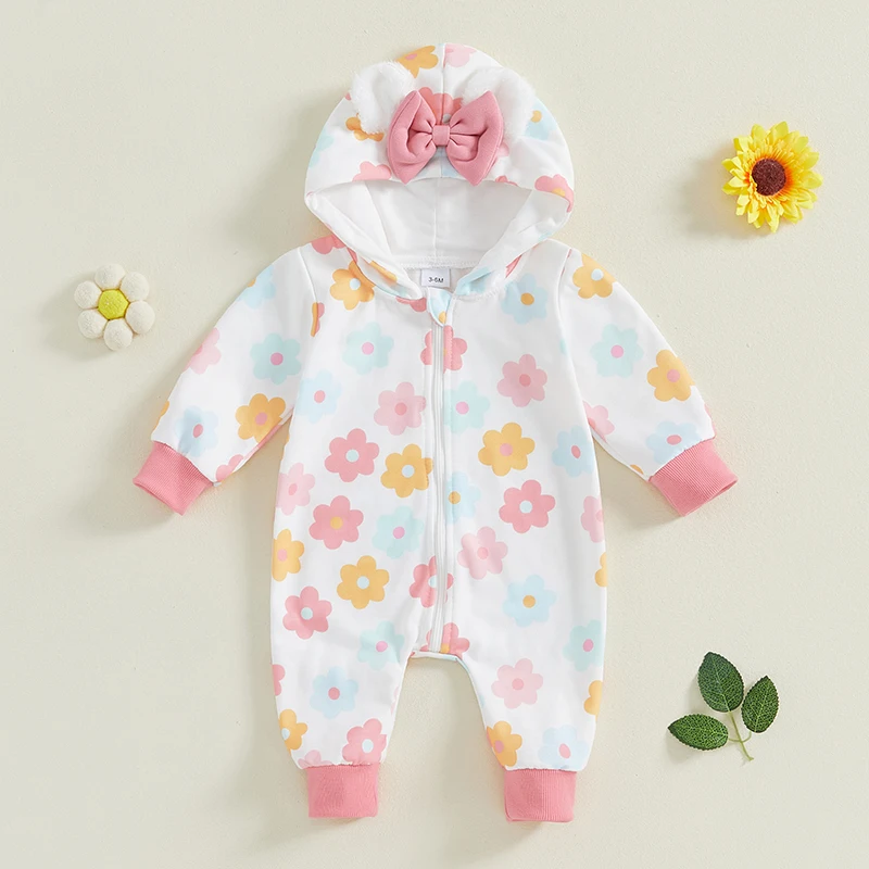 Baby Bear Hooded Fleece Jumpsuits Zip Up Flower Print Long Sleeve Cute Ear Warm Romper
