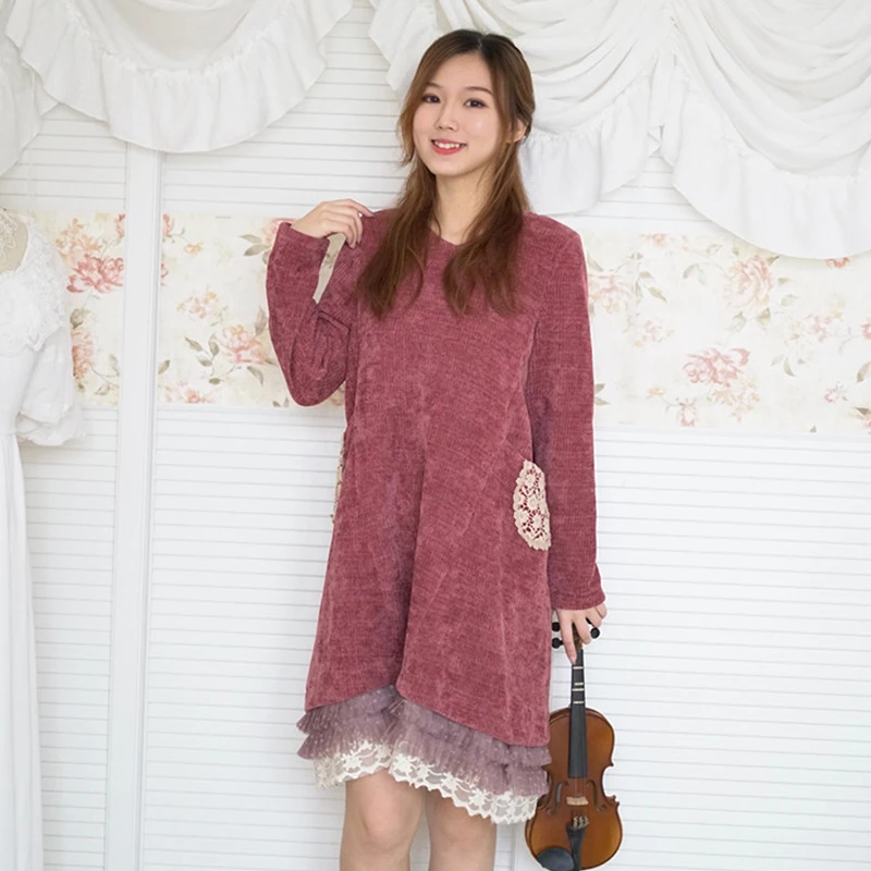 

Harajuku Mori Girl Sweet Dress Women Clothes Solid Color Embroidery Pocket Long-sleeved Soft Cute Kawaii Warm Knitted Dress A018