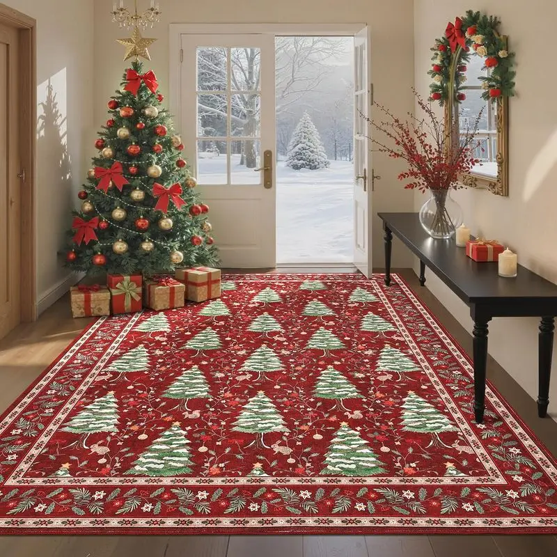 VIKAMA Christmas Tree Area Rug Crystal Velvet Living Room Carpet Non Slip Red Green Holiday Pattern Bedroom Dining Floor Mat