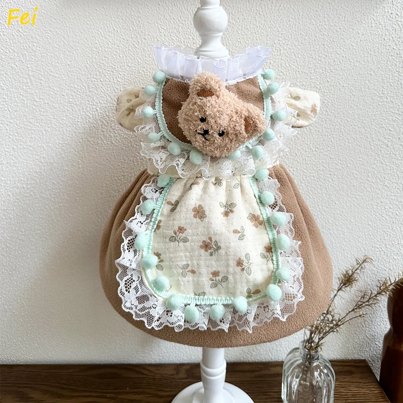 Bear Print Polar Dog Coat Winter Pet Hooded Jacket Adjustable Outfit for Bichon French Bulldog Cat Photography Costume