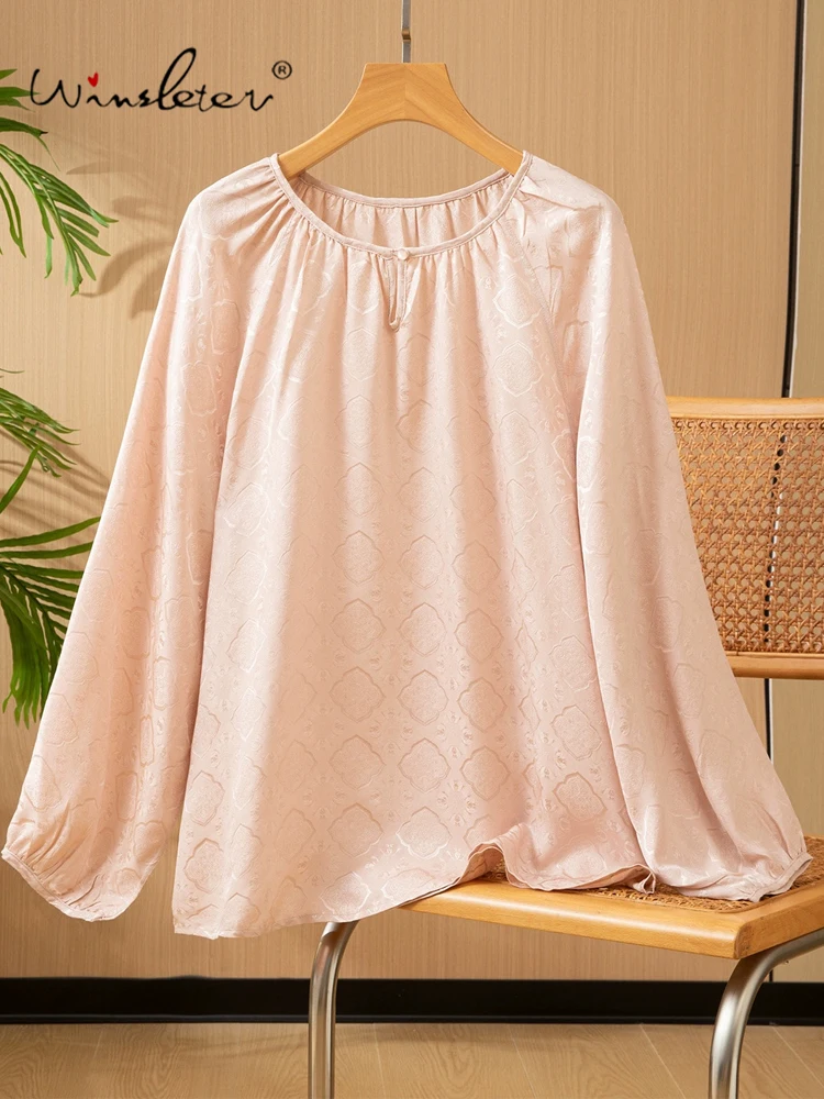 

Winsleter-100%Real Silk Elegant Shirt, Lantern Sleeve Jacquard, Women Chic Age Reduction Loose Blouse, 2025 Winter New T5D203CC
