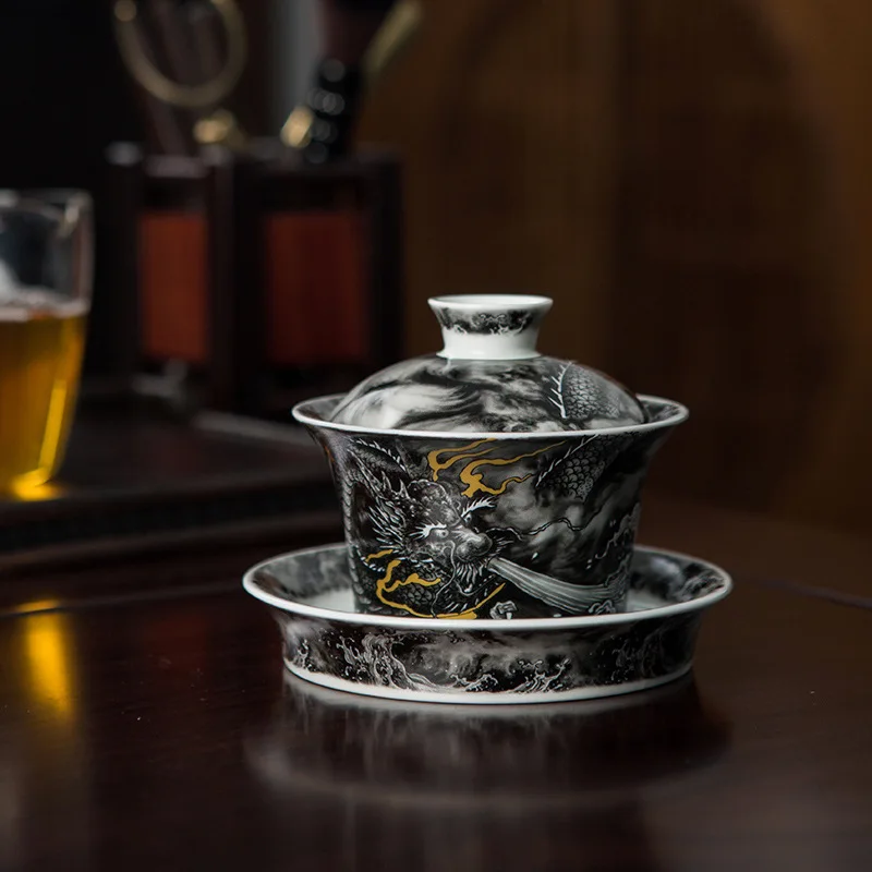 Jingdezhen Ceramic Sancai Cover Bowl Teacup Opening Glaze High-grade Dragon Pattern Ceramic Tea Bowl Small Set180ML